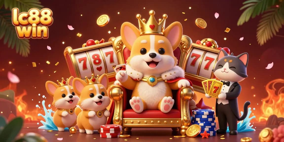 Win with lc88 win while playing slots in a vibrant casino atmosphere featuring corgi royalty.