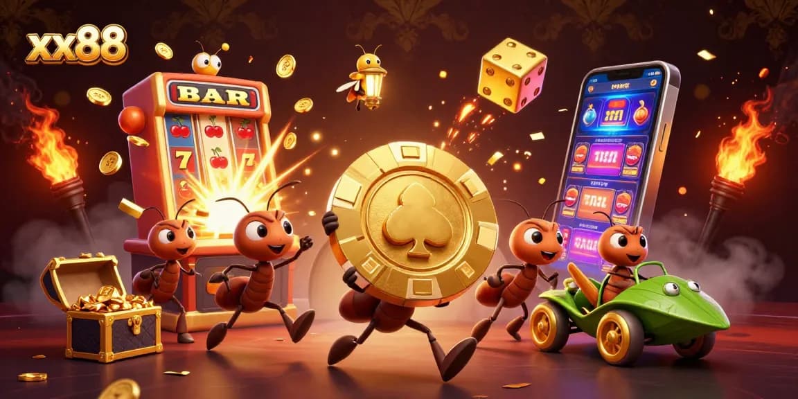 Experience the thrill of xx88 through a vibrant heist scene with ants and casino features.
