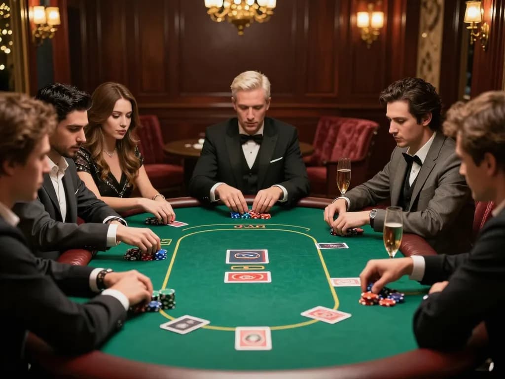 Engaged players at RR88's VIP poker table enjoying a high-stakes game with colorful chips and cards.