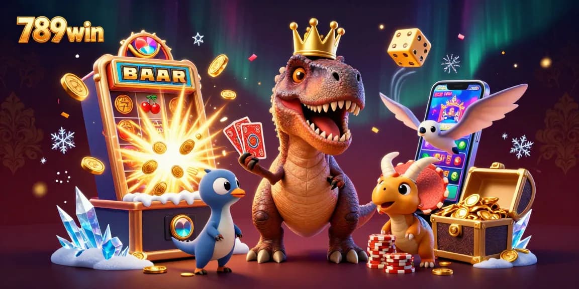 Join the fun at 789win with a lively cartoon scene of dinosaurs enjoying casino games.