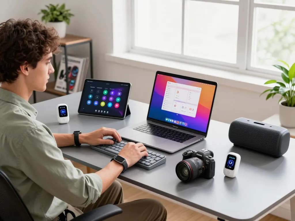Exploring must have tech gadgets in a modern workspace with Bluetooth devices, laptop, and health tracking tools.