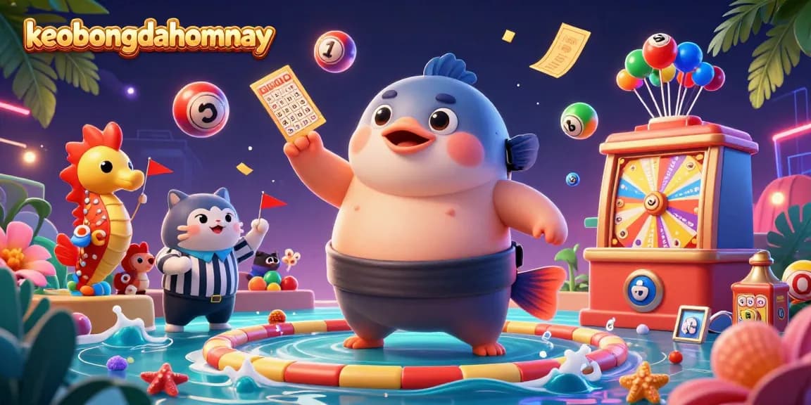 Engage with the keobongdahomnay vibrant casino scene showcasing a cartoon fugu in a sumo ring.