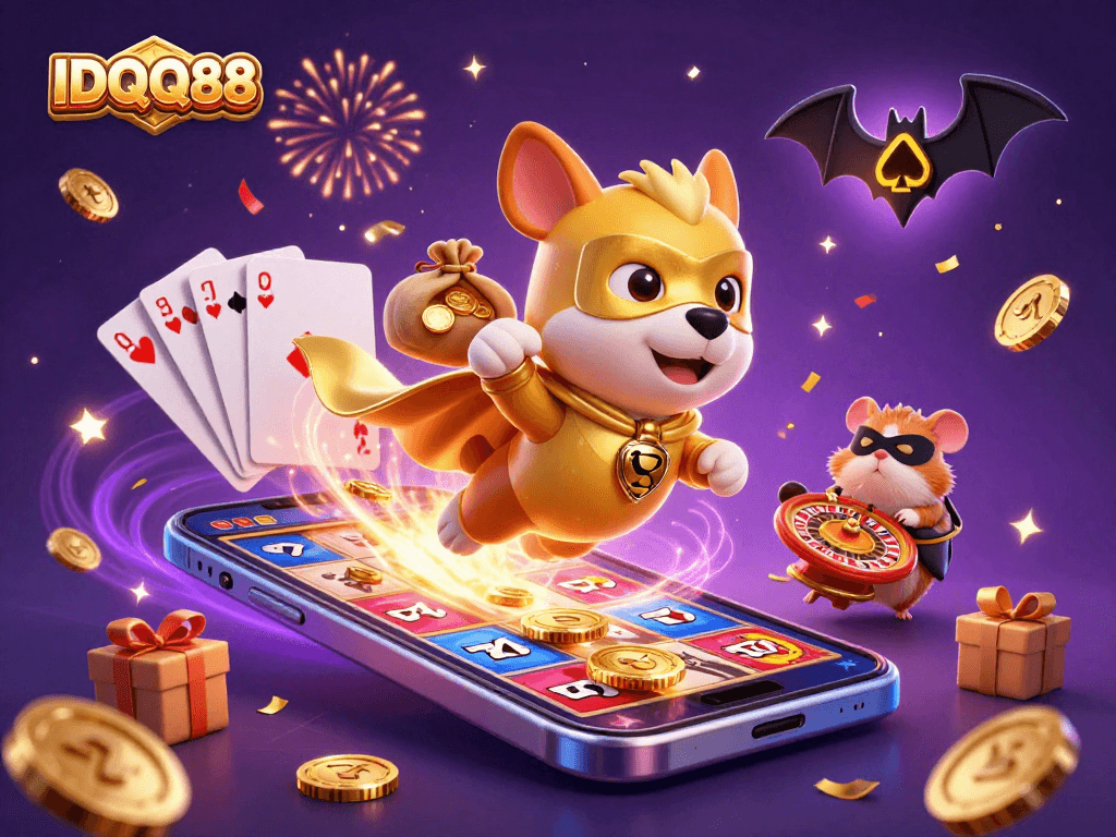Experience the excitement of IDQQ88 with a cartoon superhero dog flying through a vivid casino scene.