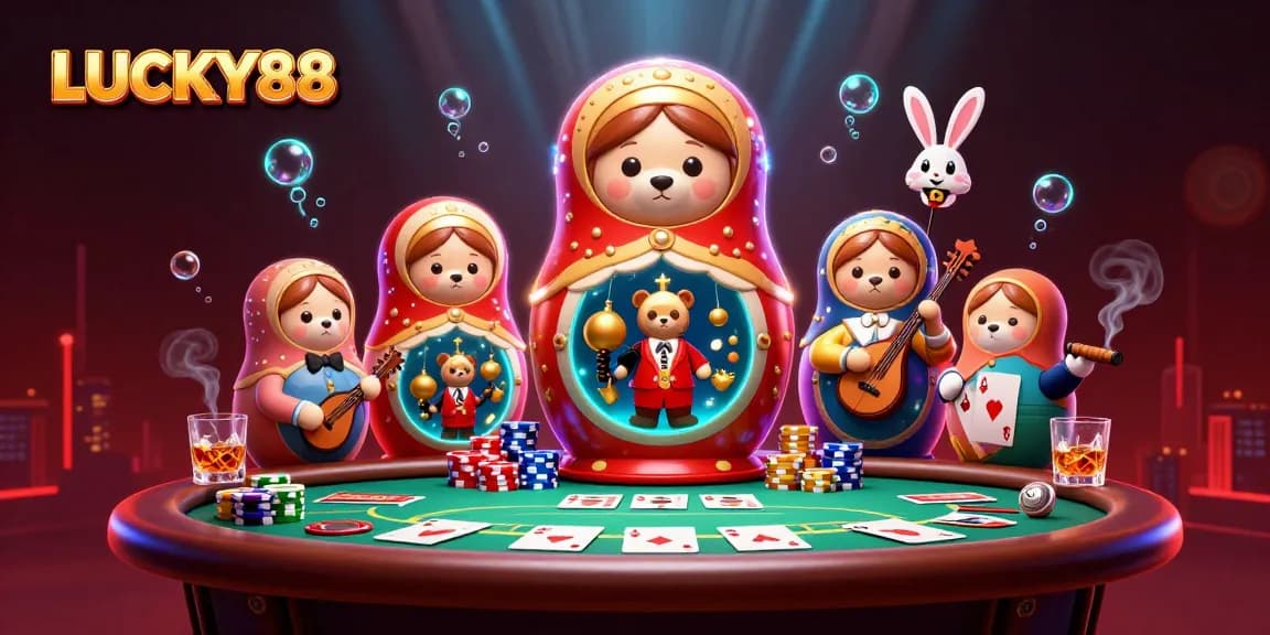 Join the excitement at LUCKY88 with vibrant casino elements and characters interacting dynamically.