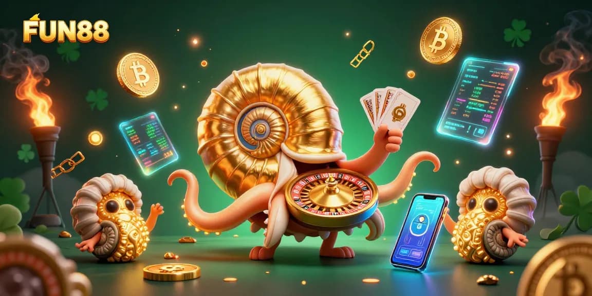Engage with FUN88's vibrant casino experience featuring a 3D nautilus roulette wheel and glowing crypto elements.