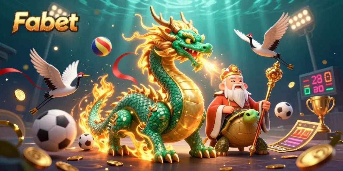 Experience the thrill of betting with Fabet’s dynamic casino scene featuring a dragon and turtle sage.