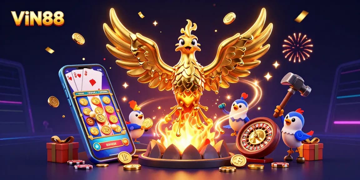 Experience the excitement at VIN88 with a dynamic scene of a molten gold phoenix amidst vivid gaming elements.