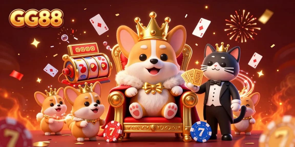 Experience GG88's vibrant casino magic with a royal corgi and lively gaming elements in this 3D art.