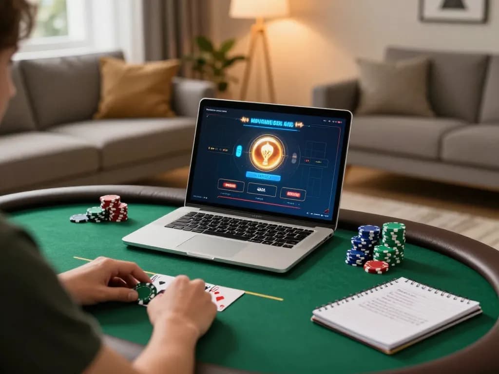 Engaging home gaming scene highlighting rokok88 online poker setup with strategic notes