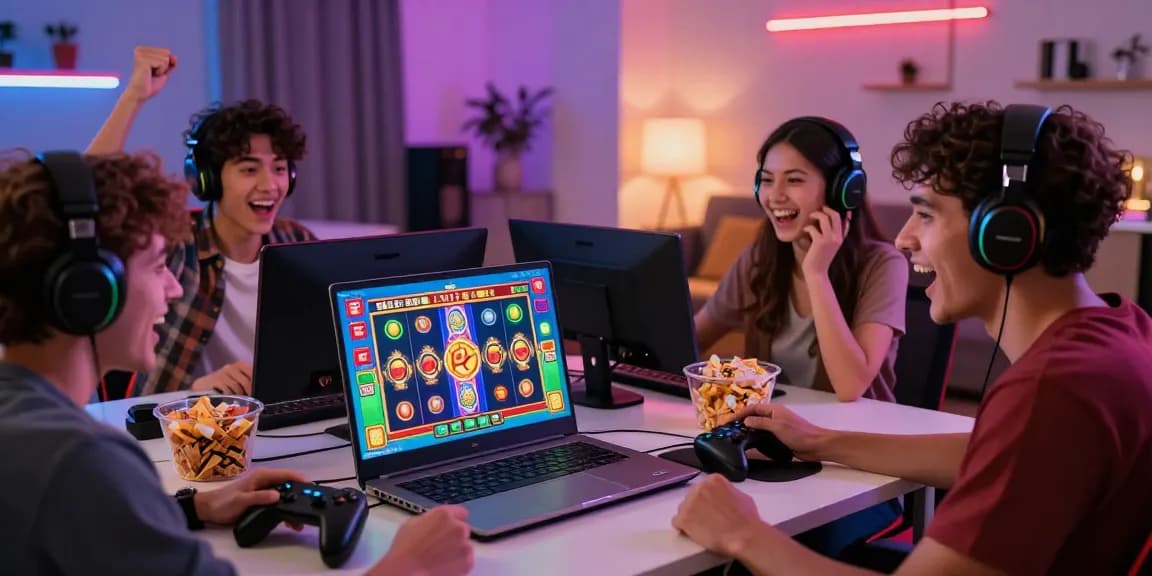 Exciting online gaming group playing depo pulsa 10k tanpa potongan slot games in a vibrant living room setting.