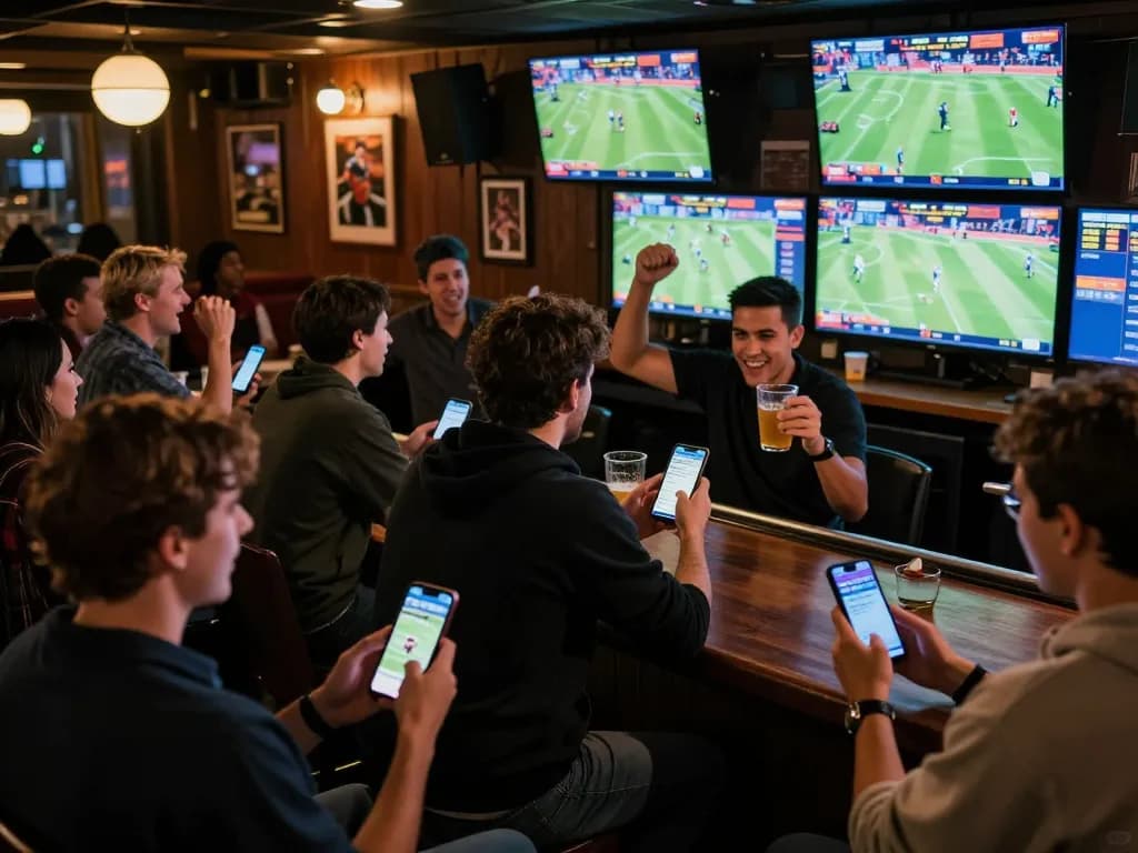 Engaged sports bettors analyzing odds and betting strategies at a lively sports bar setting, nhandinhkeonhacai emphasizing strategic decision-making in play.
