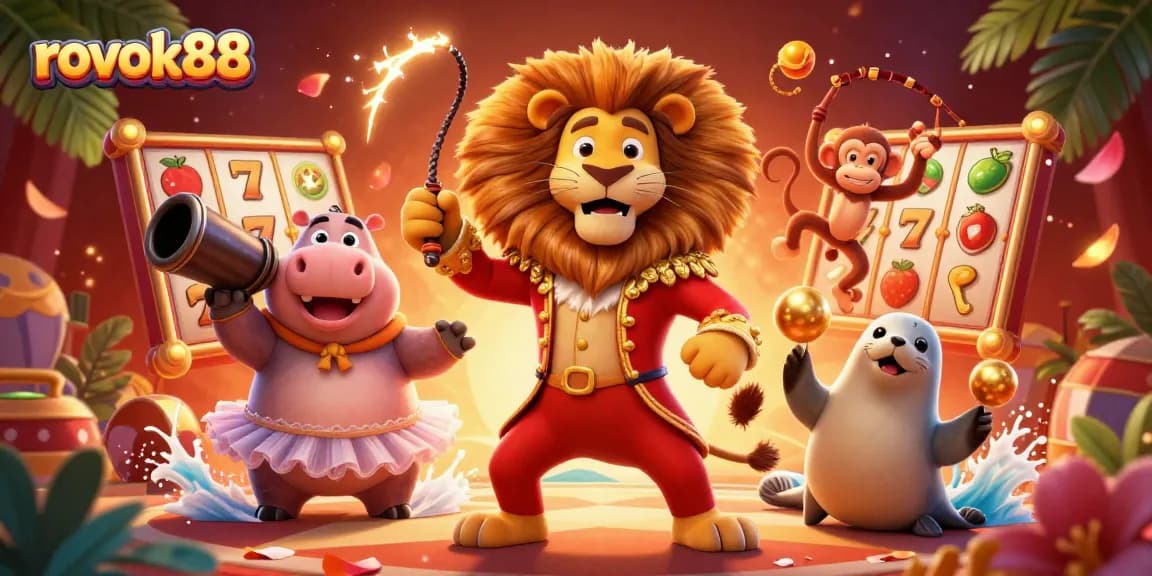 Experience thrilling gaming with rOKOK88 as a colorful circus scene unfolds featuring whimsical characters and animated slot elements.