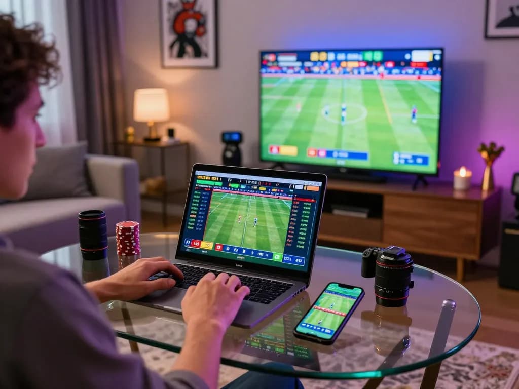 Engaging in sports betting on rokok88 with laptop and smartphone in a stylish living room.