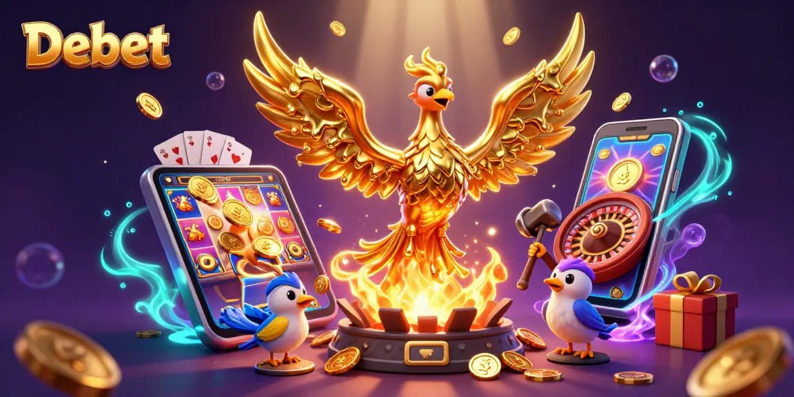 Spin to win with Debet's vibrant casino iconography featuring a golden phoenix and lively game elements.