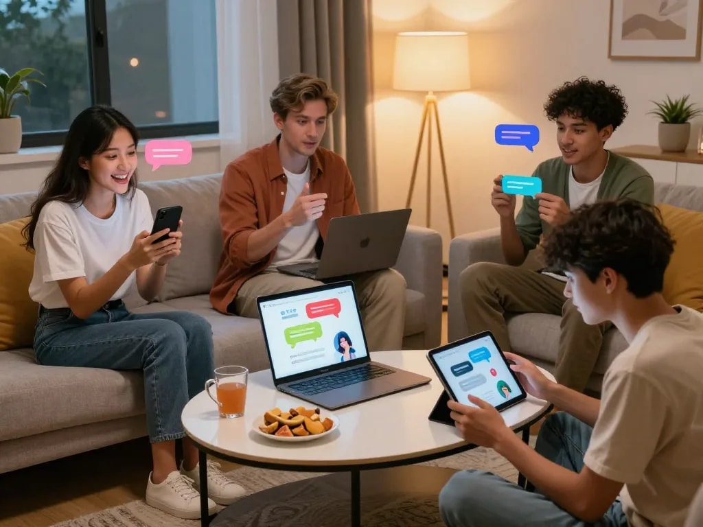 Engaging interaction with AI sex chat on diverse devices in a cozy living room environment.