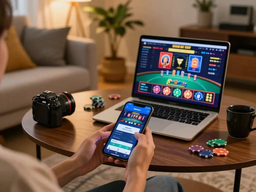 Engaging gameplay on the Sunwin app, showcasing a smartphone with casino interface in cozy home setting.