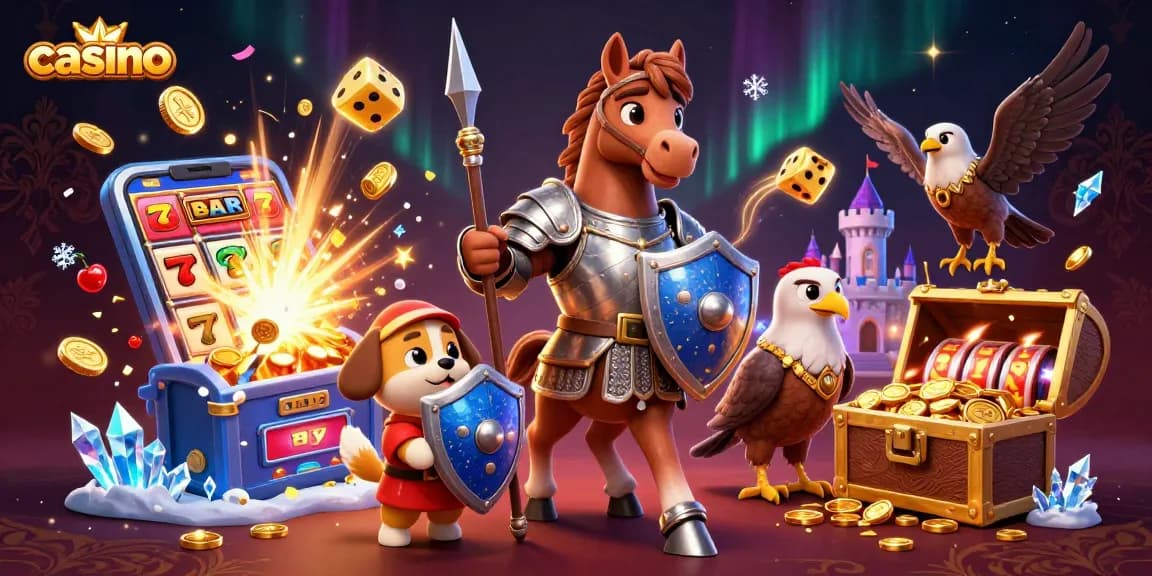 Engaging casino scene with a medieval knight, puppy, and falcon surrounded by vibrant slots and dynamic casino elements