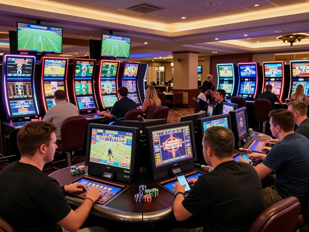 Bettors analyzing live sports data at Bongdallu sports betting area, capturing excitement and strategy
