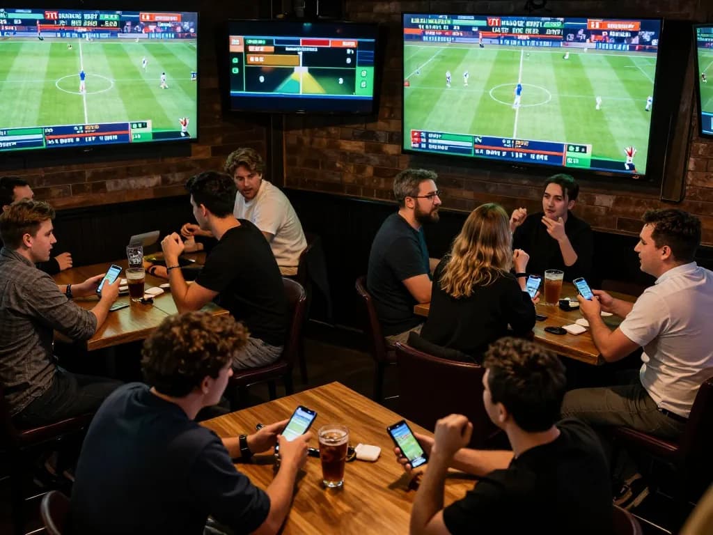 Fans engaging in sports betting at keonhacaii88 with multiple screens showing live matches and smartphones for betting