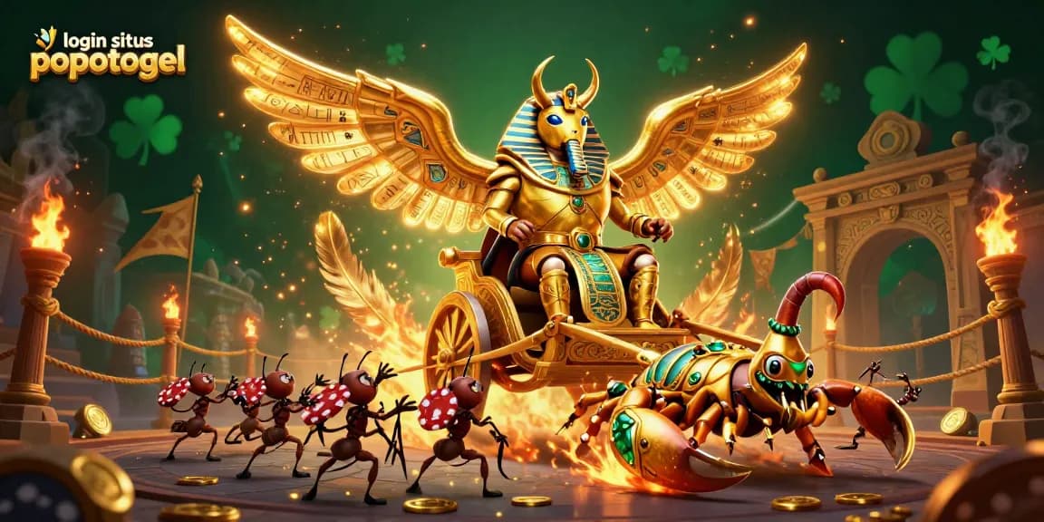 Play with luck at login situs popotogel featuring a dynamic golden beetle and scorpions in an animated casino scene.