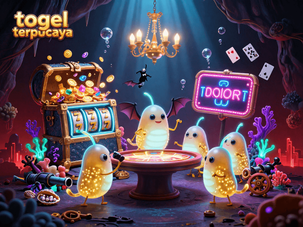 Experience thrilling gameplay at togel terpercaya with a vibrant cave-like casino and magical glowing characters.
