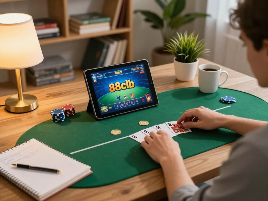Person enjoying online poker on 88clb tablet, home comforts showcasing responsible gaming.