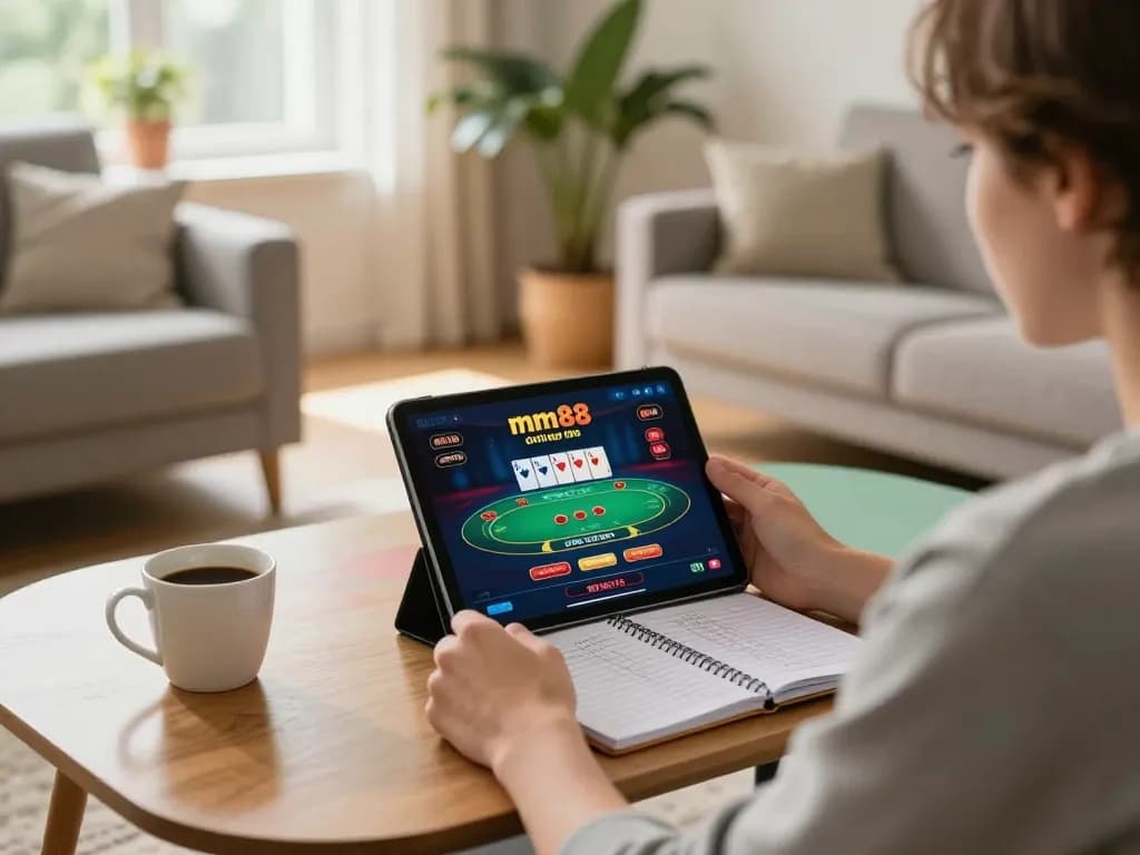 Player enjoying mm88 online poker from home with tablet and strategy notes