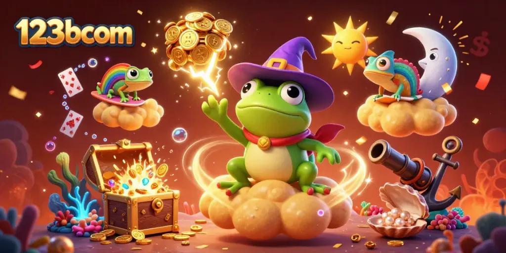 Engage in the magic of 123bcom with a dynamic scene of rich casino elements and vibrant characters celebrating wins.