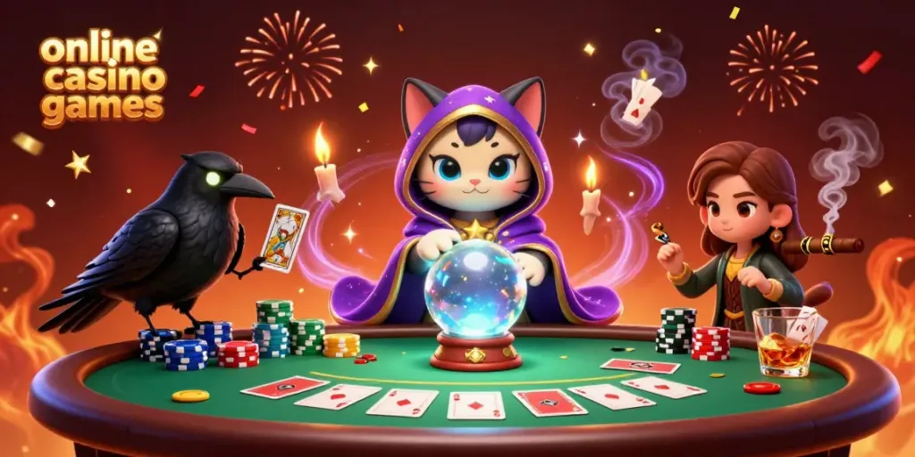 Engage in exciting online casino games with a mystic cat and tarot-raven duo illuminating the action.