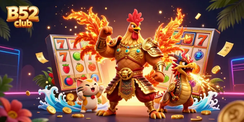 The B52 club features an exciting scene with a powerful rooster warrior and a dragon, surrounded by slot reels and vibrant casino elements.