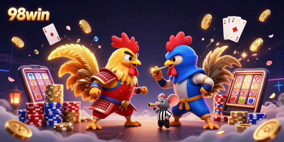 Engage in thrilling action with 98win as cartoon roosters duel, amid sparkling casino elements.