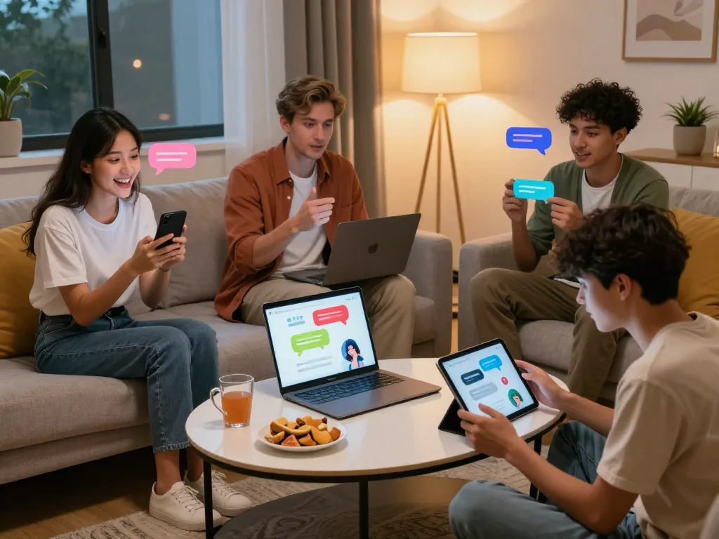 Engaging interaction with AI sex chat on diverse devices in a cozy living room environment.