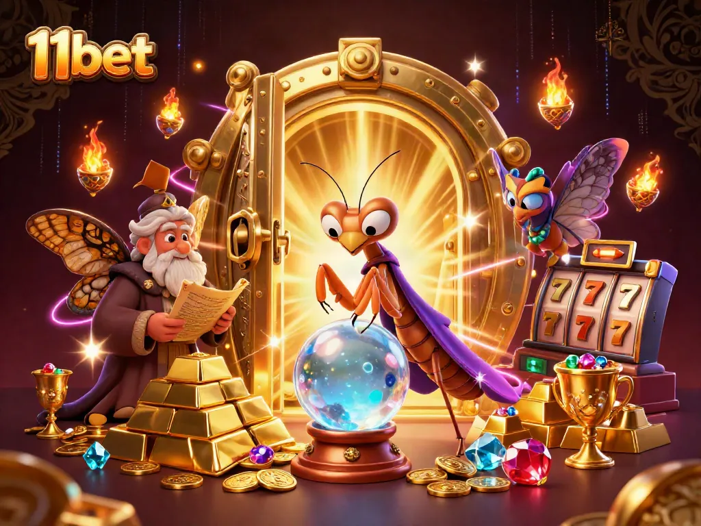 Experience the magic of 11bet with a fortune teller and librarian surrounded by treasures and slots.