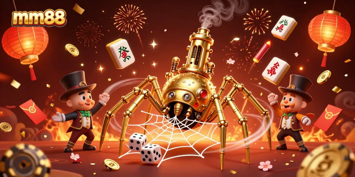 Engage with the mm88 gaming universe featuring a steampunk spider and festive elements