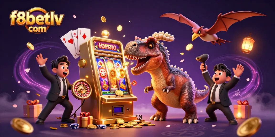 Experience the thrill of f8betlv com as characters celebrate a jackpot win amidst dynamic casino elements.
