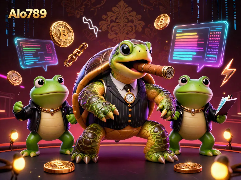 Alo789 showcases an exciting casino scene with a mobster turtle and bullfrog enforcers surrounded by digital currencies.