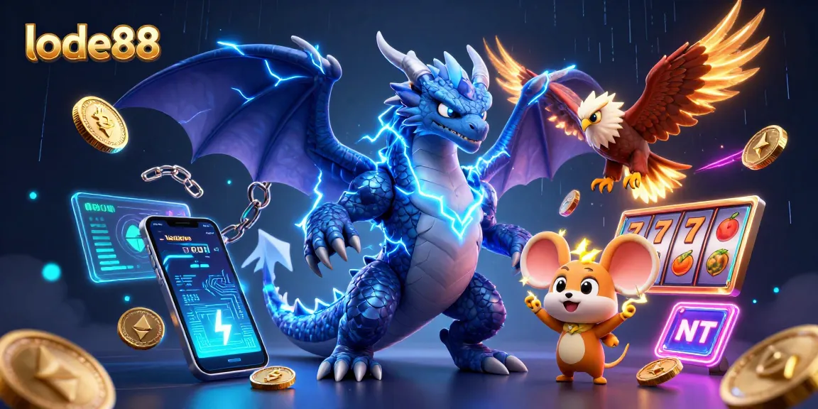 Engage with thrilling lode88 slots in a vibrant scene featuring a thunder dragon and crypto elements.