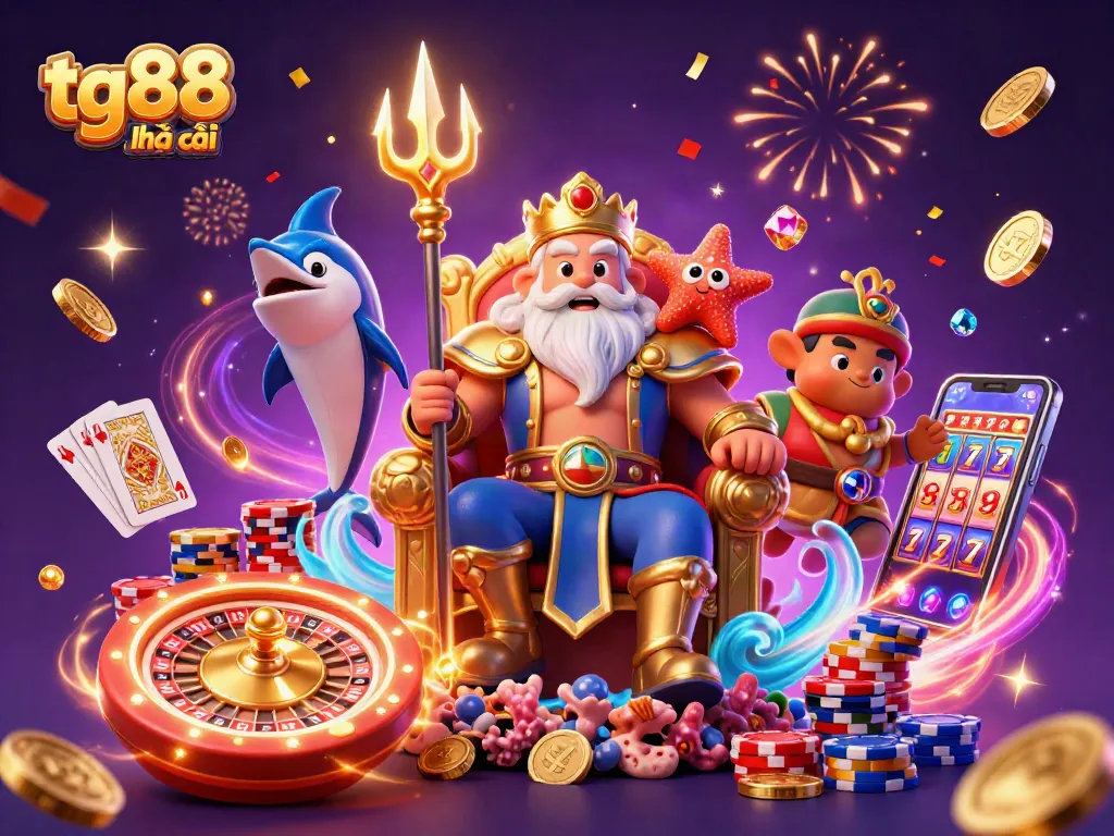 Experience thrilling gaming at tg88 nhà cái with Neptune and casino elements in a vibrant illustration.