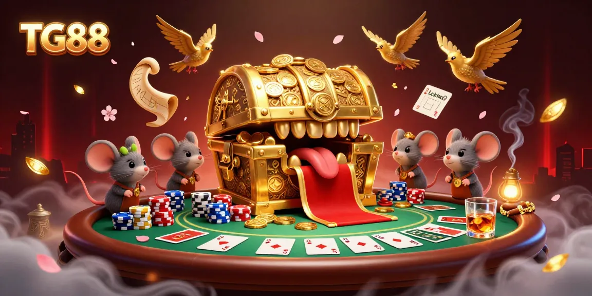 Experience the thrill of TG88 with a vibrant casino scene showcasing poker excitement and golden riches.