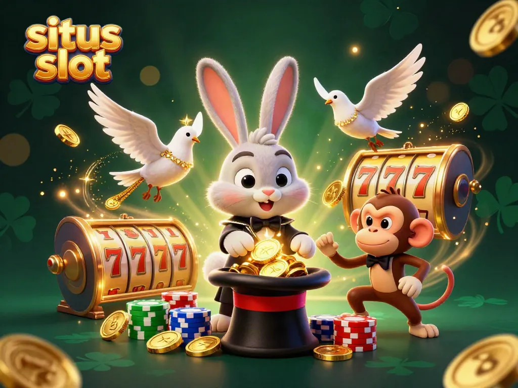 Engaging illustration of situs slot with a magician rabbit, dove, and monkey amid dynamic casino elements.