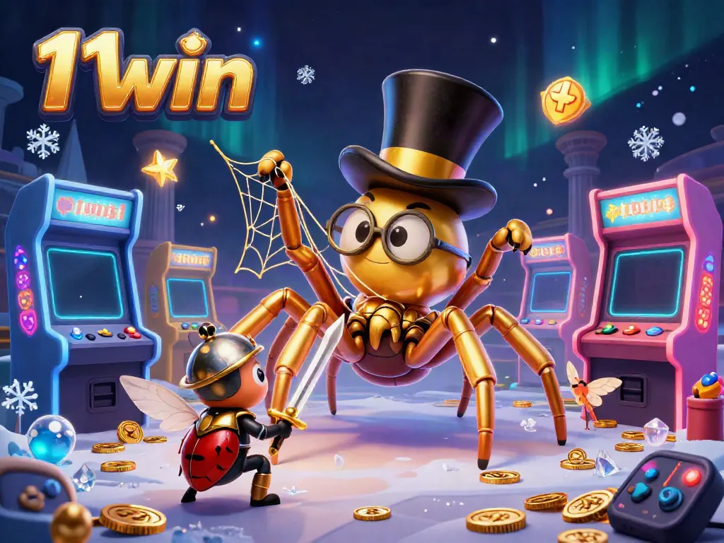 Engage with 11win's thrilling casino adventure in a vibrant 3D illustration featuring a golden tarantula and beetle knight.