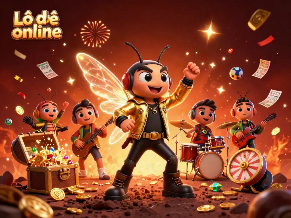 Experience the thrill of Lô đề online with a vibrant, electrifying 3D scene showcasing a cicada rock star and a lively atmosphere.