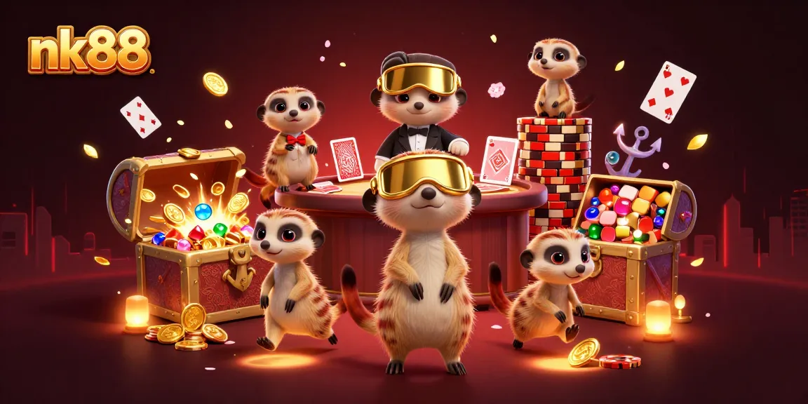 Bet big with nk88 at an elaborate meerkat casino, surrounded by rich gaming elements.