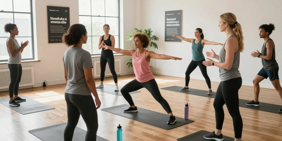 Group fitness class focused on metabolic health with semaglutide canada, showcasing diverse adults exercising and supporting each other.