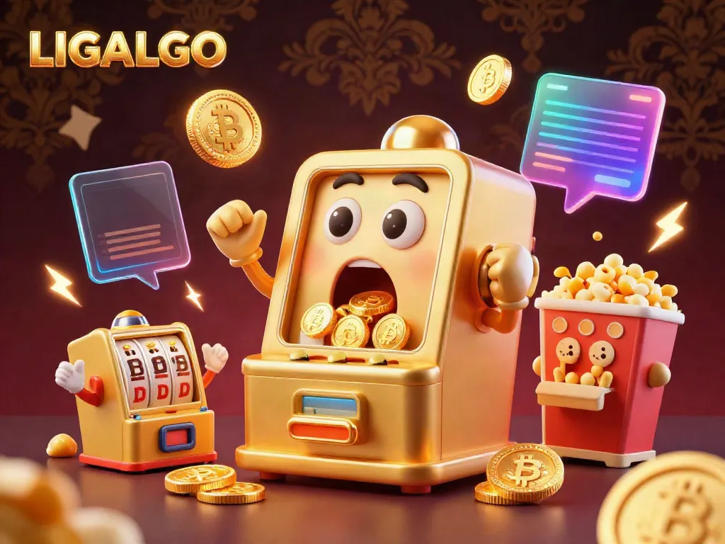 LIGALGO slot machine celebrates hitting a jackpot while surrounded by cheering smaller machines and Bitcoin coins.
