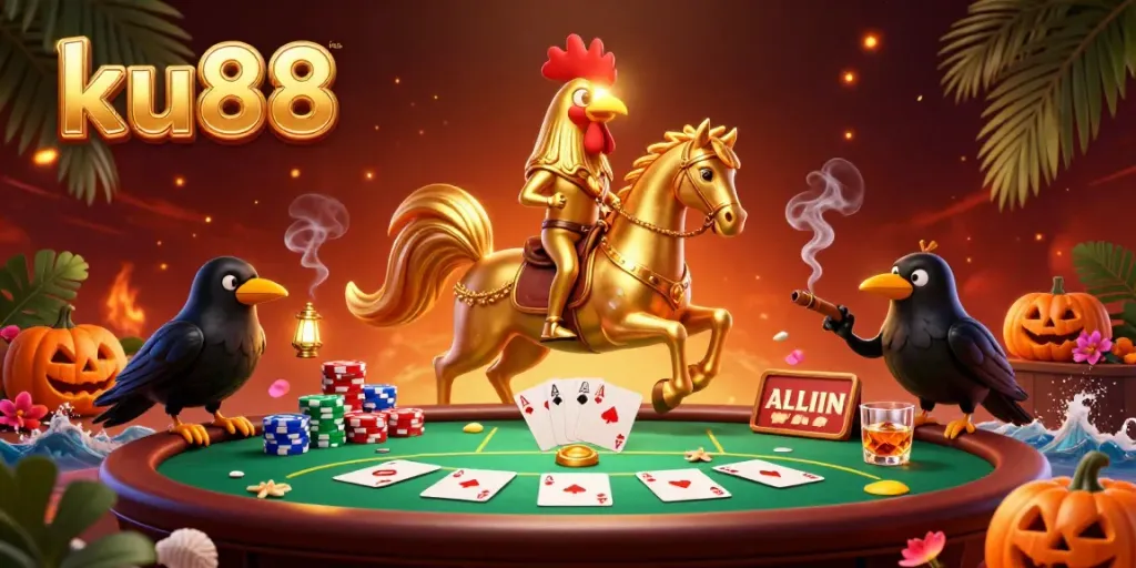 Experience the excitement of ku88 casino gaming with this colorful 3D illustration featuring vibrant characters and lively poker elements.