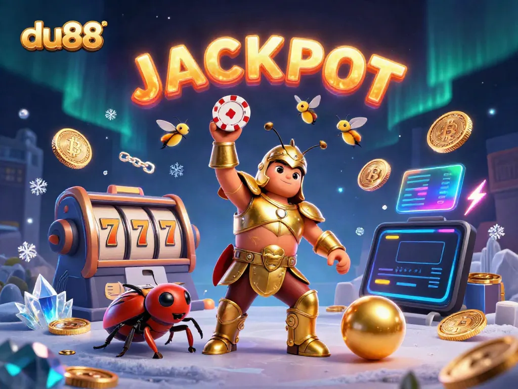 Experience victory at du88 with a heroic beetle lifting a poker chip, vibrant gaming elements around.