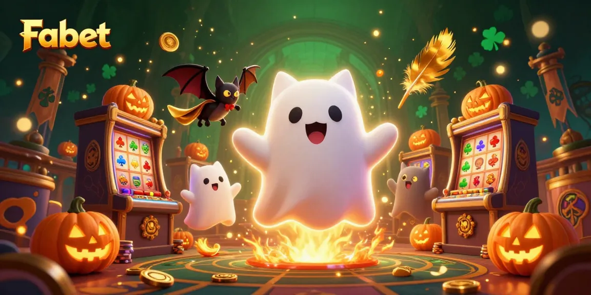 Engage with Fabet in a lively casino scene featuring a ghost cat and vampire bat amidst glowing jack-o-lanterns and vibrant gaming elements.
