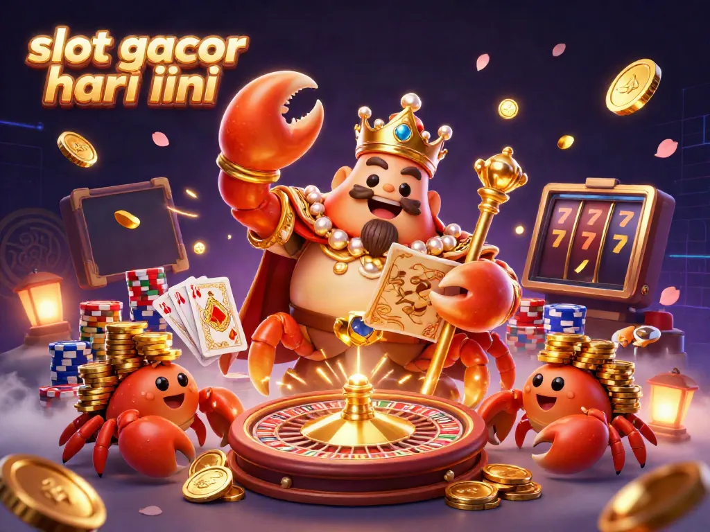 Experience slot gacor hari ini with a dazzling digital illustration of a crab emperor amidst cascading coins and vibrant gaming elements.