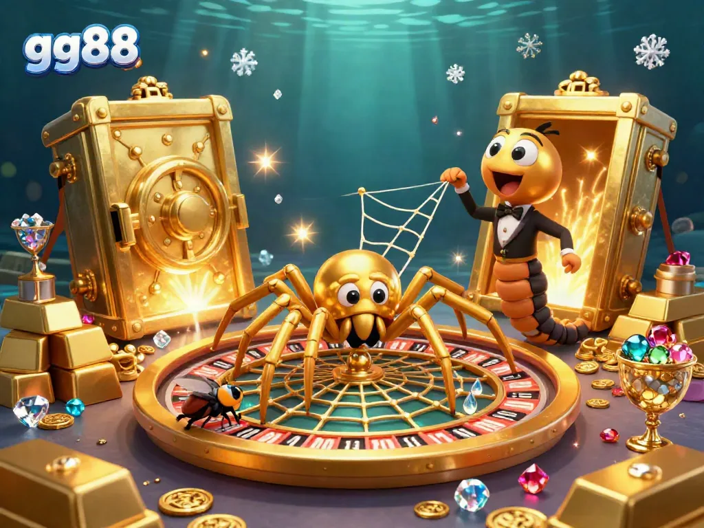 Spin the roulette wheel at gg88 while a golden spider weaves its magic in this immersive casino scene.